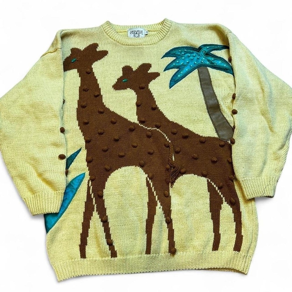 Vintage‎ 80s Cervelle Giraffe Africa Safari Pom Pom Palm Tree Sweater Small